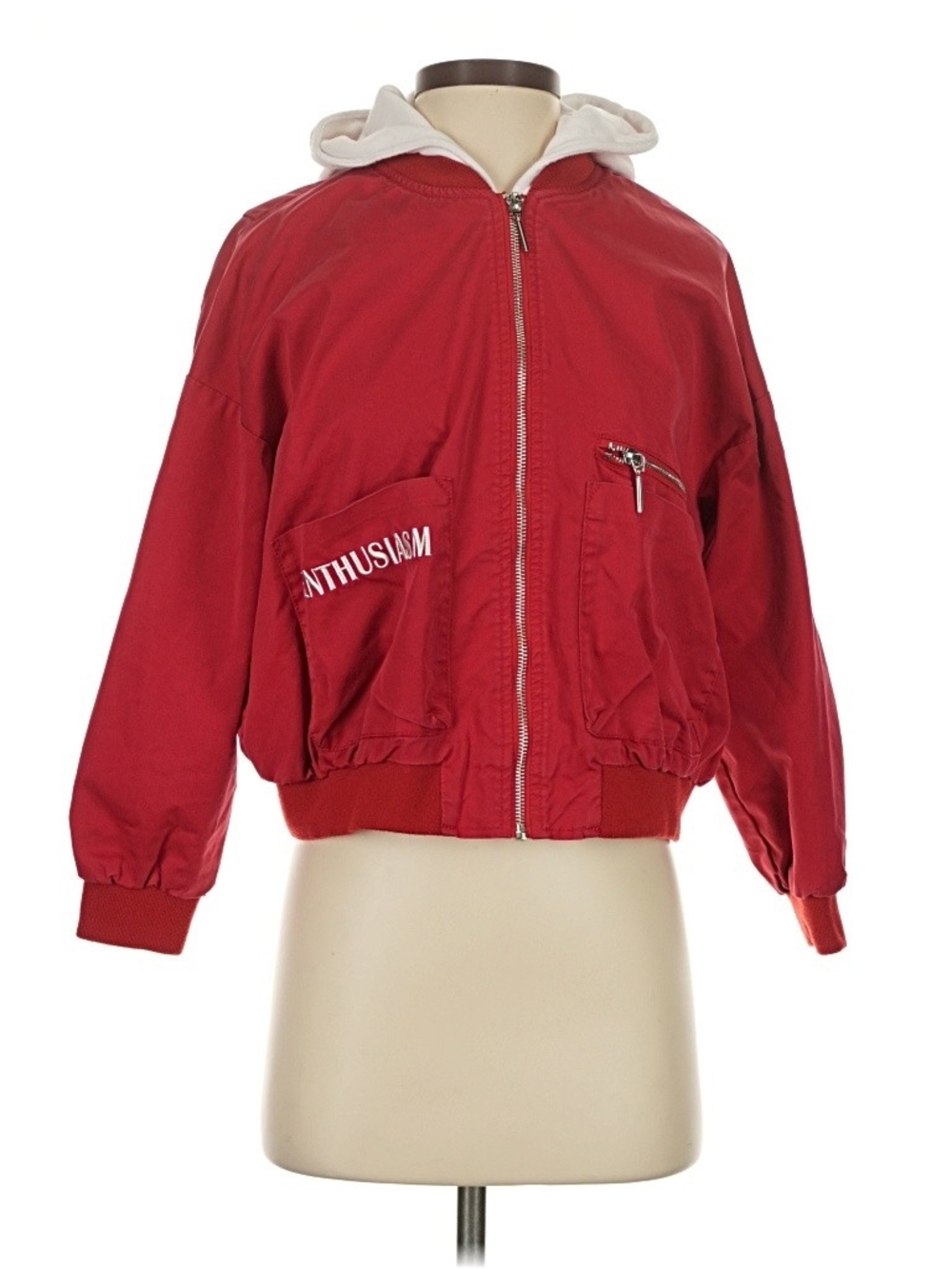 Y2K Red Hooded Bomber Jacket Cropped Utility Streetwear Small